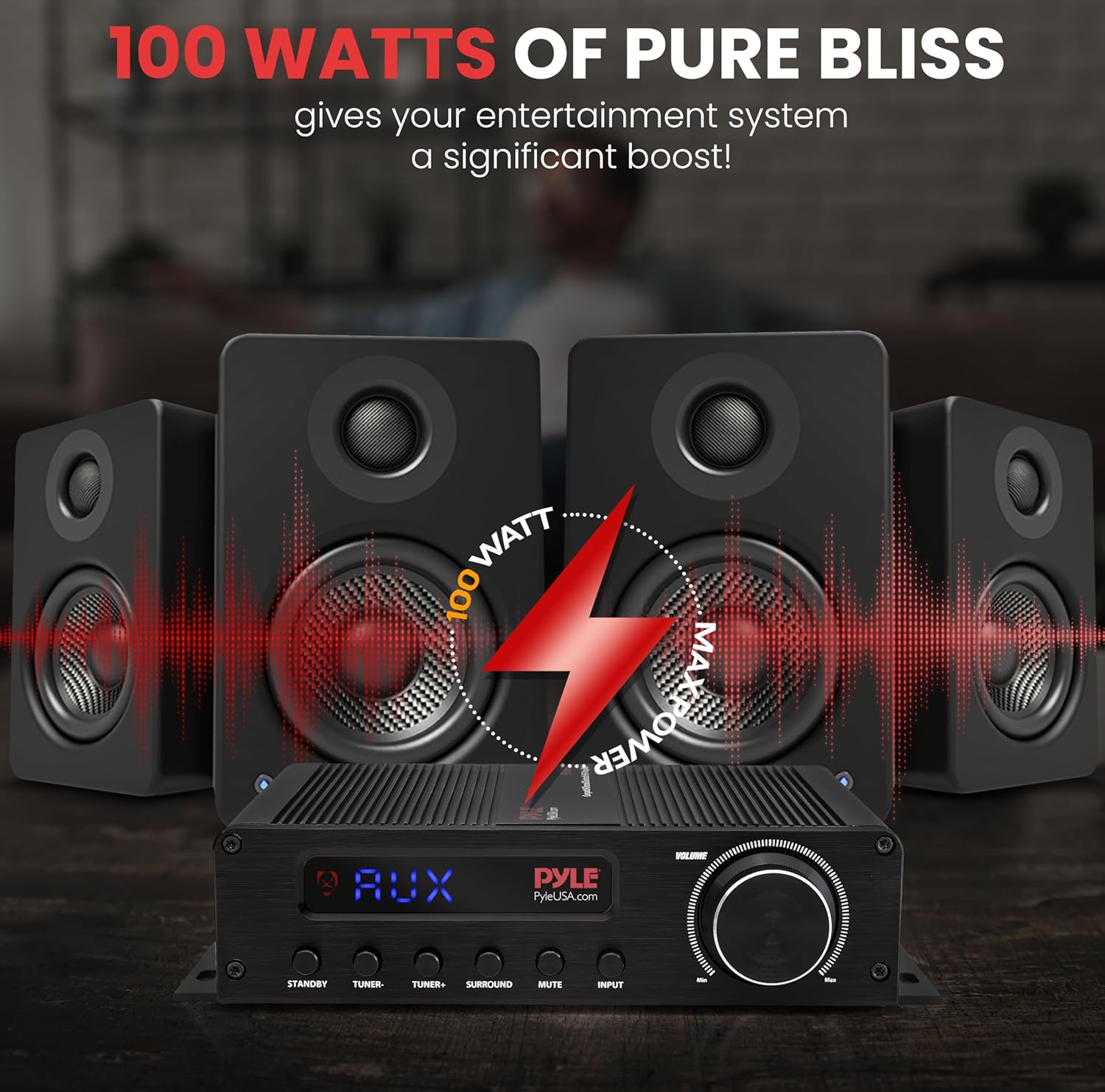 Pyle 100W 5 Channel Audio Amplifier - Wireless Bluetooth Home Theater Power Stereo Receiver with Surround Sound w/HDMI, AUX, FM Antenna, Subwoofer Speaker Input, 12V Adapter - PFA540BT.6 - Image 2