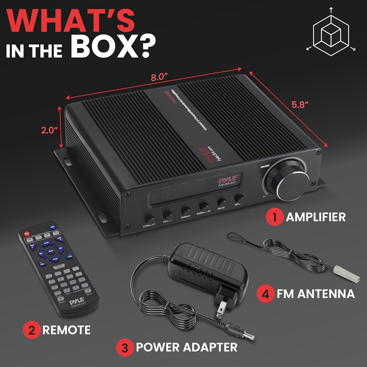 Pyle 100W 5 Channel Audio Amplifier - Wireless Bluetooth Home Theater Power Stereo Receiver with Surround Sound w/HDMI, AUX, FM Antenna, Subwoofer Speaker Input, 12V Adapter - PFA540BT.6 - Image 6