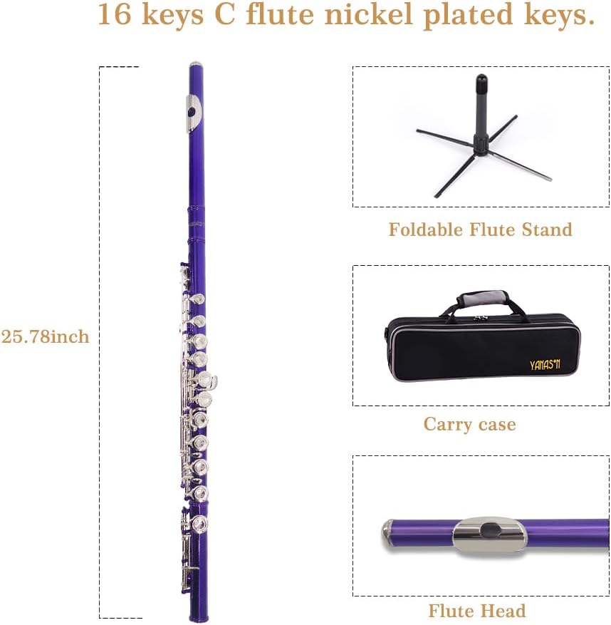 Student C Flute 16 Closed Hole C Flute with Carrying Case Stand Gloves Cleaning Cloth and More(Purple) - Image 2