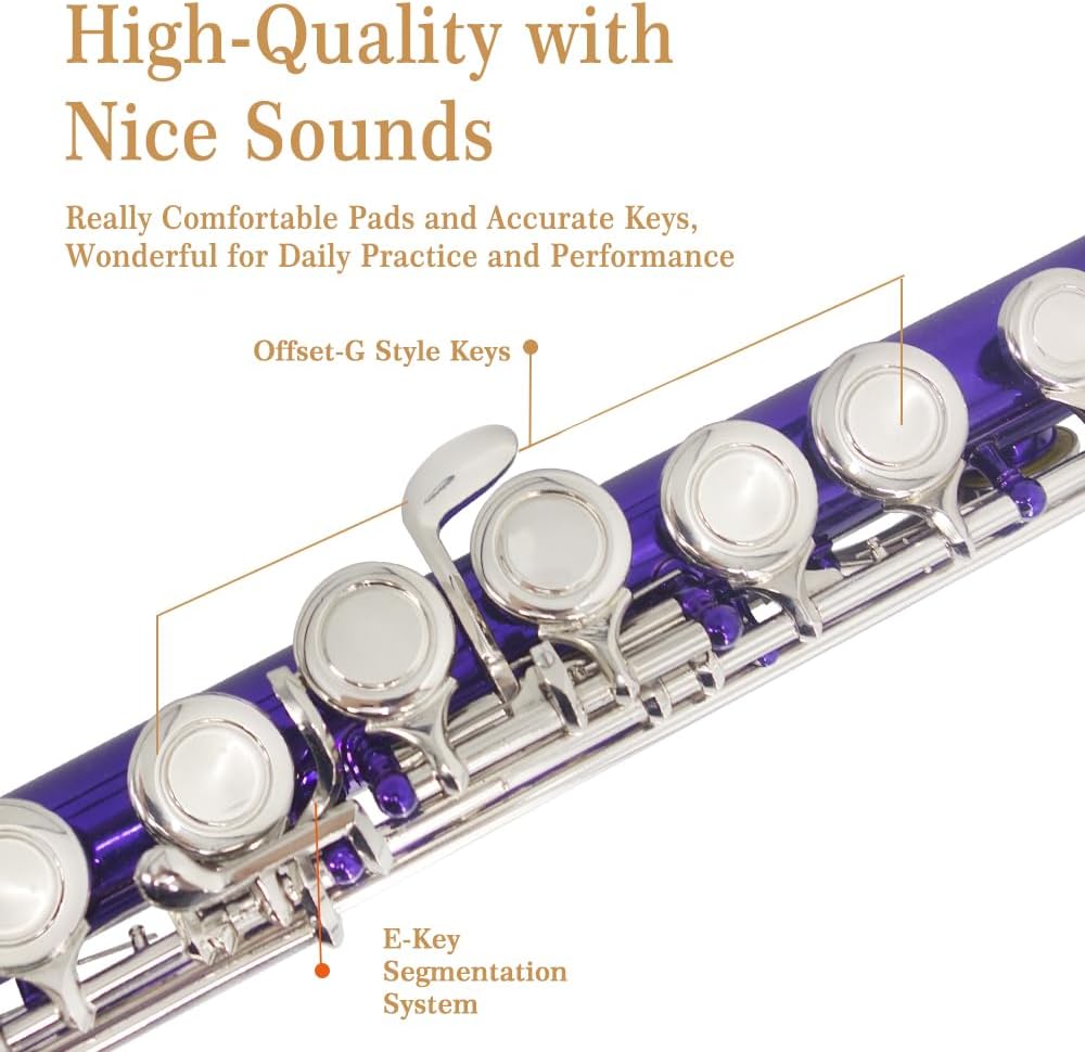 Student C Flute 16 Closed Hole C Flute with Carrying Case Stand Gloves Cleaning Cloth and More(Purple) - Image 3